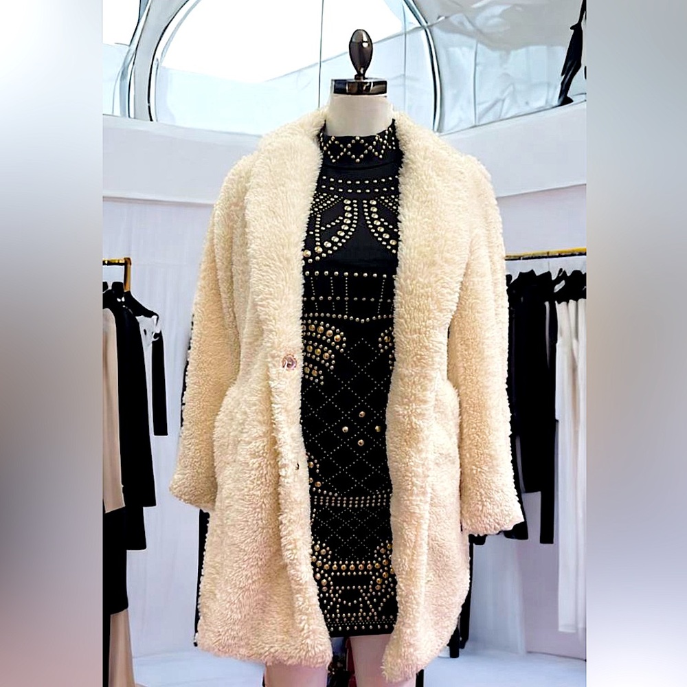 Ivory Beige Collar Button Front Teddy Coat S/M